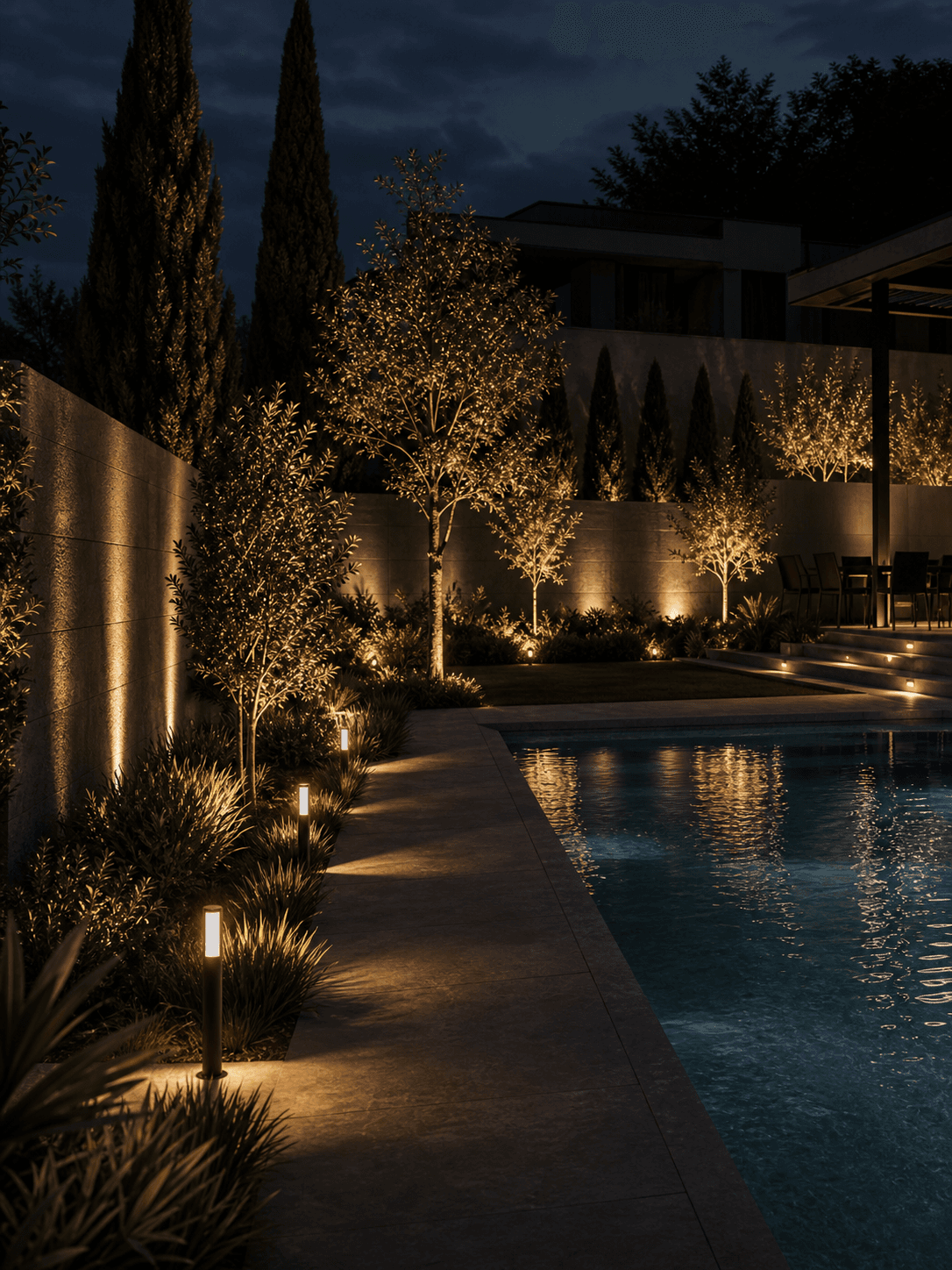 Akşam aydınlatmalı modern bahçe ve havuz atmosferi